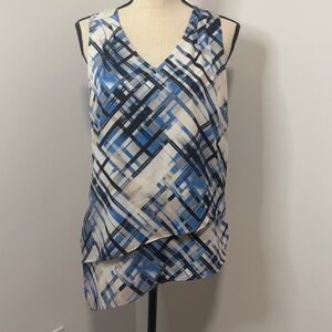 White House Black Market Navy Blue and White Asymmetrical Sleeveless Blouse